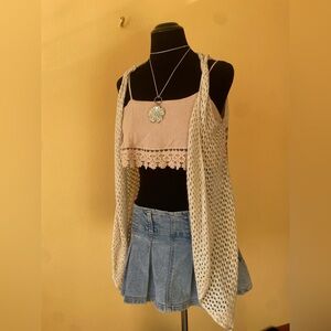 Off White Color Crochet Sleeveless Cardigan with Grey Stripes & Hood